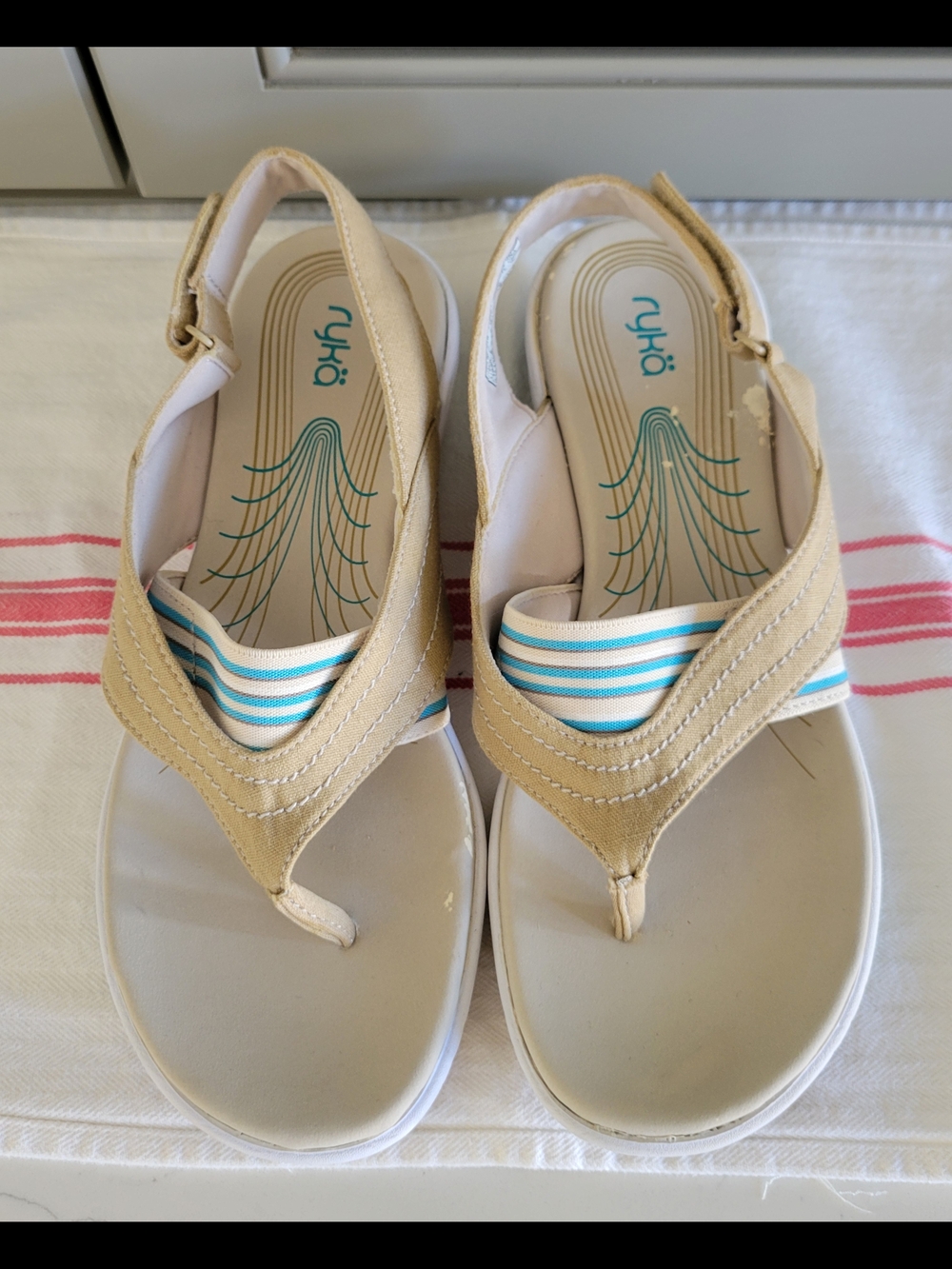 Ryka Women's Beige and Teal Stripe Sandals
